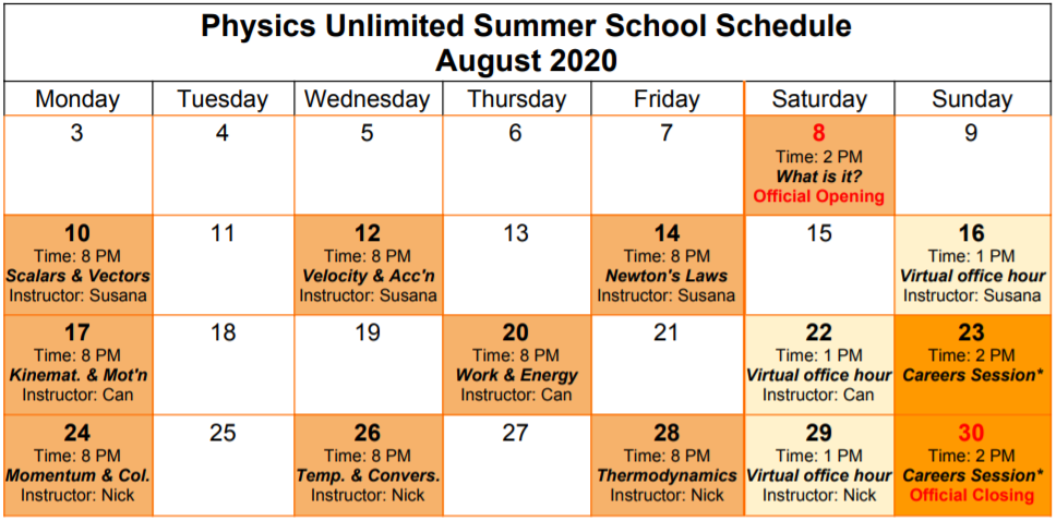 Summer School 2020 Schedule